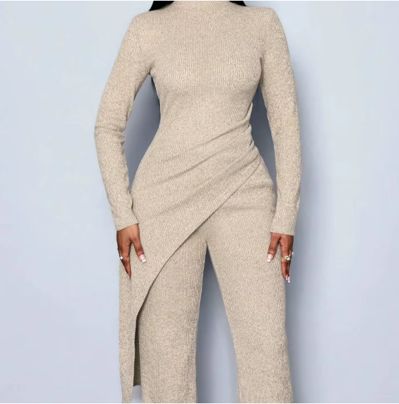 Asymmetric High-neck shirt and Pants Set
