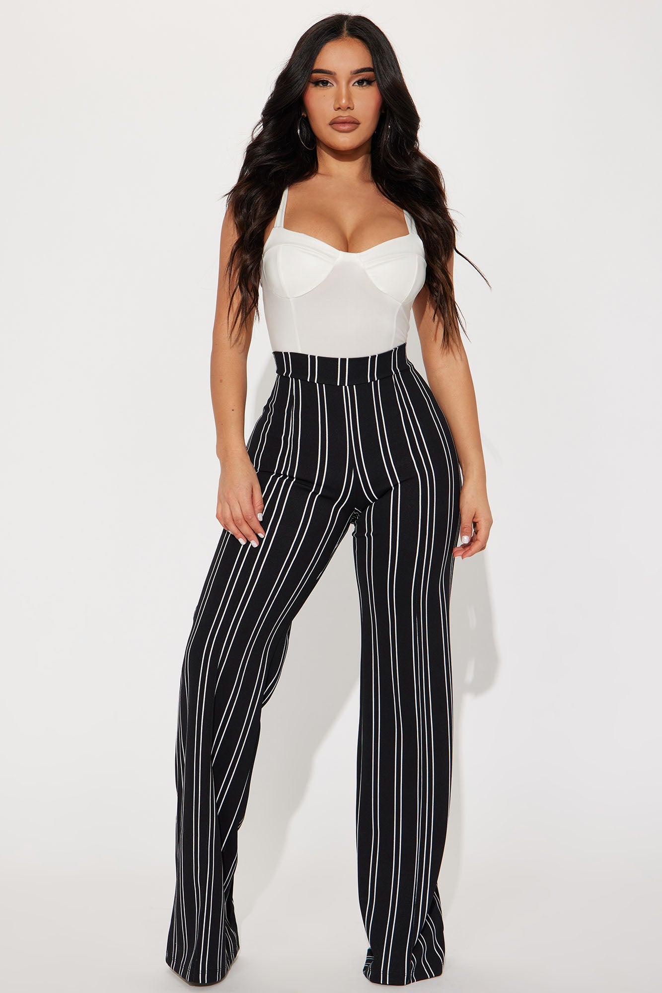 Black/White-High Waisted Striped Dress Pants