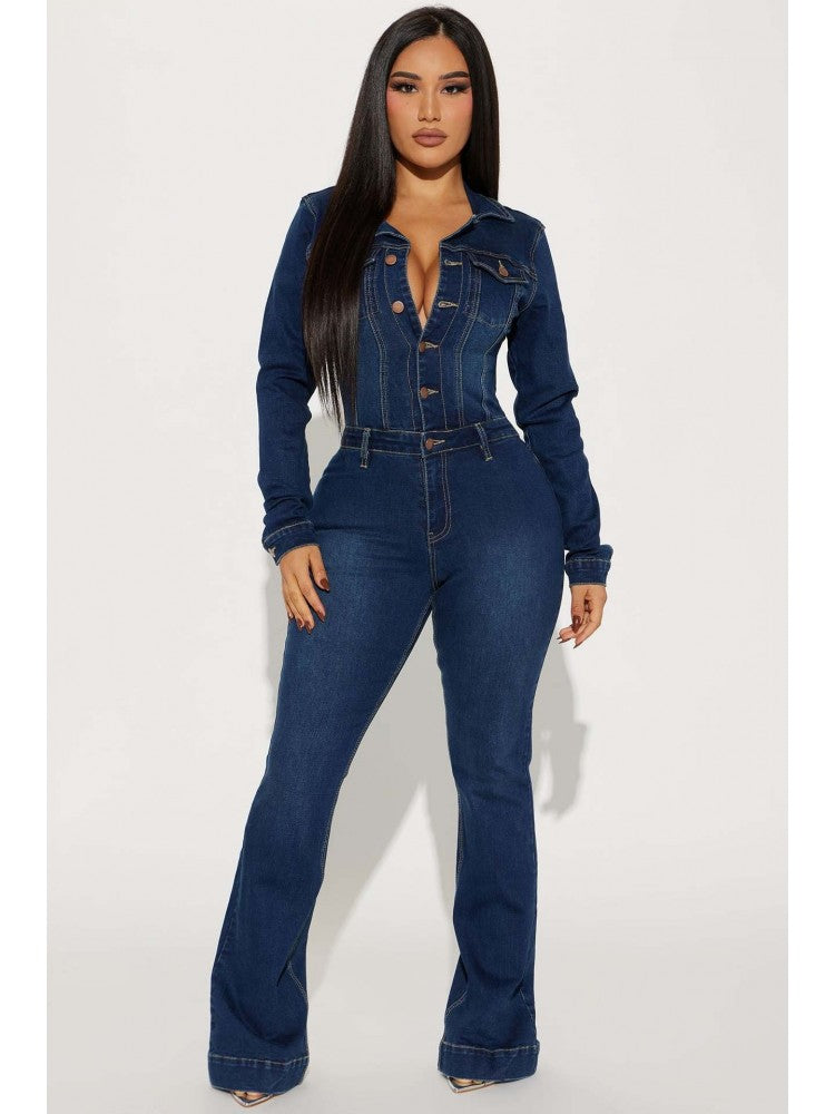 Flared Leg Denim Jumpsuit
